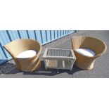 PAIR OF WICKER CONSERVATORY ARMCHAIRS AND WICKER COFFEE TABLE