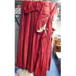 PAIR OF 21ST CENTURY RED SATIN LINED CURTAINS WITH VALANCE 276CM TALL X 192CM WIDE