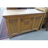 SCOTTISH ARTS & CRAFTS OAK SIDE CABINET WITH CARVED DECORATION INSCRIBED TO THE GLORY OF GOD AND IN