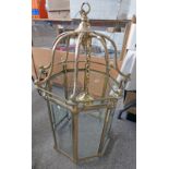20TH CENTURY BRASS HALL LANTERN WITH 8 GLASS PANELS 152CM TALL INCLUDING CHAIN