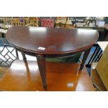 MAHOGANY HALF MOON TABLE ON SQUARE TAPERED SUPPORTS