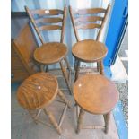 PAIR OF LADDERBACK OAK BAR STOOLS & PAIR OF STOOLS