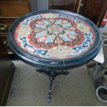 19TH CENTURY EBONISED CIRCULAR OCCASIONAL TABLE WITH GLASS BEAD TAPESTRY TOP TURNED COLUMN &