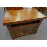 HARDWOOD TV UNIT WITH 2 PANEL DOORS ON SQUARE SUPPORTS