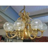 20TH CENTURY BRASS CHANDELIER WITH 8 BRANCHES & GLASS SHADES 161CM TALL INCLUDING CHAIN