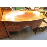 19TH CENTURY INLAID MAHOGANY BOW FRONT 5 DRAWER DESK ON SQUARE SUPPORTS