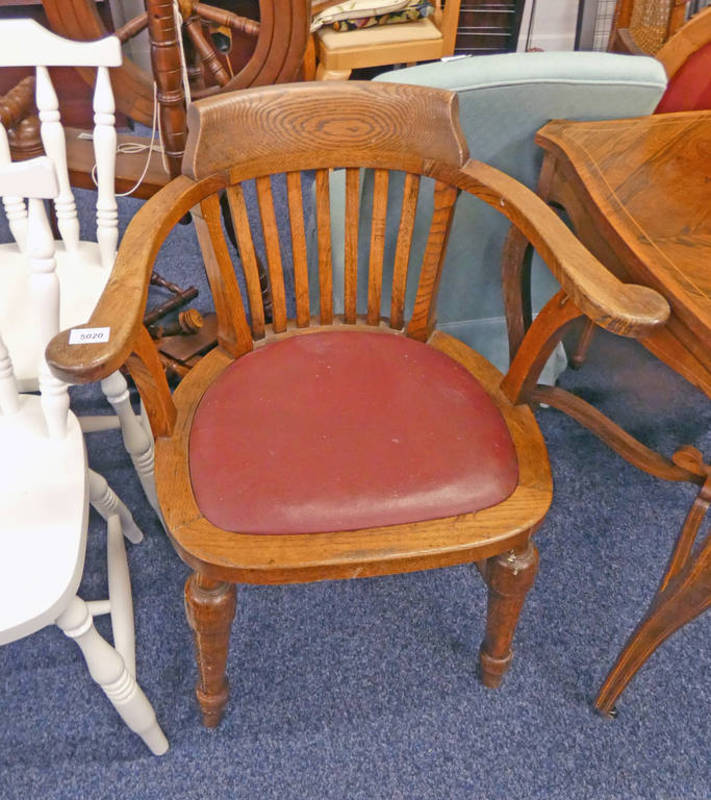 EARLY 20TH CENTURY OAK OFFICE ARMCHAIR WITH LEATHER INSET SEAT