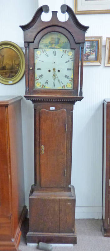 19TH CENTURY OAK GRANDFATHER CLOCK WITH PAINTED DIAL