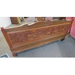 ORIENTAL CARVED HARDWOOD FRAMED SETTEE - 194CM Condition Report: Fabric is loose to