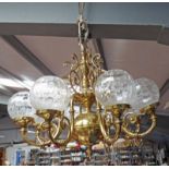 20TH CENTURY BRASS CHANDELIER WITH 8 BRANCHES & GLASS SHADES 161CM TALL INCLUDING CHAIN