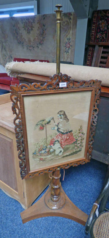 MID 19TH CENTURY ADJUSTABLE TAPESTRY FIRE SCREEN WITH FRETWORK ROSEWOOD FRAME AND STAND 139CM TALL