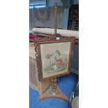 MID 19TH CENTURY ADJUSTABLE TAPESTRY FIRE SCREEN WITH FRETWORK ROSEWOOD FRAME AND STAND 139CM TALL