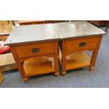 PAIR OF 20TH CENTURY PINE CABINETS WITH MARBLE EFFECT TOP & SQUARE SUPPORTS,
