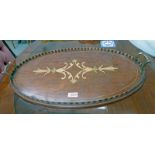 LATE 19TH CENTURY INLAID MAHOGANY OVAL TRAY WITH BRASS HANDLES 66CM LONG