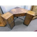ARTS & CRAFTS STYLE OAK CORNER DESK WITH CENTRALLY SET DRAWER & CUPBOARD TO EITHER SIDE ..