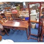 MAHOGANY SIDE TABLE WITH 2 DRAWERS & PINE CHEVAL MIRROR