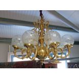 20TH CENTURY BRASS CHANDELIER WITH 8 BRANCHES & GLASS SHADES 161CM TALL INCLUDING CHAIN