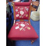 LATE 19TH CENTURY WALNUT NURSING CHAIR WITH TAPESTRY SEAT & BACK ON TURNED SUPPORTS