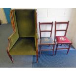 LATE 19TH CENTURY INLAID MAHOGANY ARMCHAIR & PAIR OF INLAID MAHOGANY HAND CHAIRS