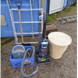 SELECTION OF HOUSEHOLD ITEMS INCLUDING A VAX VACUUM, LAUNDRY BASKET,