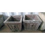 PAIR SQUARE PLANT POTS WITH THISTLE DECORATION