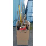 A LARGE SELECTION OF GARDEN TOOLS INCLUDING AN AXE, SHEARS, RAKE, BRUSHES,