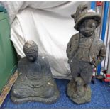 2 SMALL CONCRETE GARDEN FIGURES IN FORM OF A BUDDHA AND A BOY WITH DOG