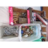 SELECTION OF HAND TOOLS, FIXTURES INCLUDING REXON WOOD CHISELS, SPANNERS, SHARPENING STONE,