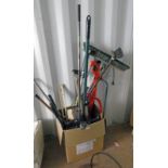 BOX OF GARDEN TOOLS & STRIMMERS ETC