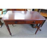 19TH CENTURY MAHOGANY 2 DRAWER SIDE TABLE ON RING TURNED SUPPORTS - 107CM WIDE