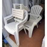3 WHITE PLASTIC GARDEN CHAIRS & FOLDING TABLE