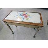 EARLY 20TH CENTURY OAK SIDE TABLE WITH FLORAL SILK WORK PANEL INSERT