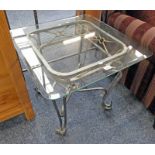 WROUGHT IRON TABLE WITH GLASS TOP 61CM SQUARE