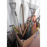 BOX OF VARIOUS GARDENING TOOL TO INCLUDE RAKES, SHEARS,