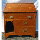 EARLY 20TH CENTURY ARTS & CRAFTS INLAID OAK BUREAU WITH FALL FRONT OVER 3 DRAWERS 98CM TALL X 80CM