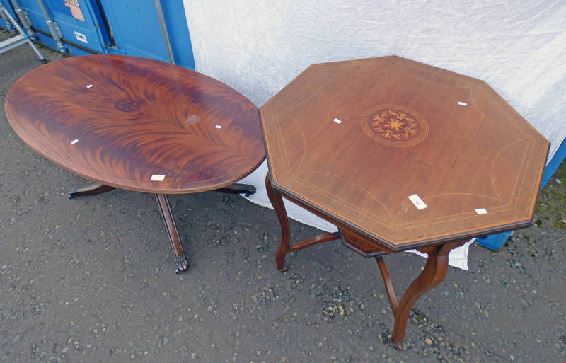 19TH CENTURY INLAID MAHOGANY OCTAGONAL OCCASIONAL TABLE & BRASS INLAID OVAL MAHOGANY COFFEE TABLE