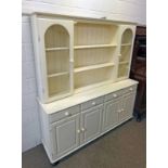 WHITE 2 PART BOOCKCASE WITH SHELVES OVER 4 DRAWERS WITH 4 DOORS BELOW OPENING TO SHELVED INTERIOR