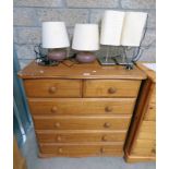 PINE CHEST OF 2 SHORT OVER 4 LONG DRAWERS TOGETHER WITH 2 PAIRS OF TABLE LAMPS