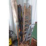 SELECTION OF 4 LADDERS, GARDENING TOOLS TO INCLUDE RAKES & SHEARS,