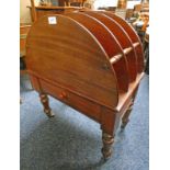 19TH CENTURY MAHOGANY CANTERBURY WITH TURNED SUPPORTS & DRAWER