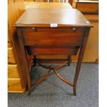 19TH CENTURY STYLE HARDWOOD SEWING TABLE WITH LEATHER INSET TOP & 2 DRAWERS 71CM X 45CM X 40CM