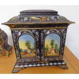 19TH CENTURY CONTINENTAL MOTHER OF PEARL INLAID TABLE TOP LADIES SEWING CABINET WITH LIFT UP TOP &