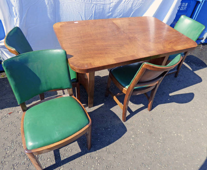 ART DECO WALNUT EXTENDING DINING TABLE & MATCHING SET OF 4 CHAIRS WITH GREEN LEATHER SEATS & BACKS