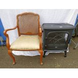 BRASS ADJUSTABLE FENDER & WALNUT BERGERE ARMCHAIR & ELECTRIC FIRE