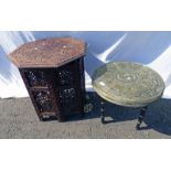 EASTERN CARVED FOLDING TABLE & BRASS TOPPED CIRCULAR TABLE