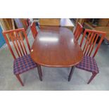 MAHOGANY DINING TABLE - 153CM LONG & SET OF 4 MAHOGANY DINING CHAIRS ON SQUARE SUPPORTS