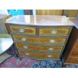 INLAID MAHOGANY BOW FRONT CHEST OF 2 SHORT OVER 3 LONG DRAWERS ON SHAPED SUPPORTS - 100CM WIDE