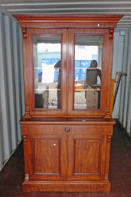 19TH CENTURY MAHOGANY BOOKCASE WITH 2 GLAZED DOORS OVER DRAWER & 2 PANEL DOORS ON PLINTH BASE 210CM