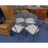 WROUGHT IRON TABLE WITH GLASS TOP & 4 MATCHING CHAIRS 107CM