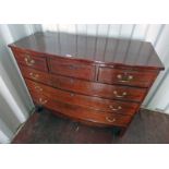 19TH CENTURY INLAID MAHOGANY BOW FRONT CHEST OF 3 SHORT OVER 3 LONG DRAWERS ON BRACKET SUPPORTS